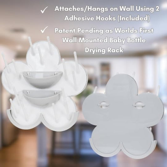 The Bottle Blossom- Wall Mounted Baby Bottle Drying Rack for Bottles, Cups, Sippy Cups, Vertical Wall Hanging, Space Saving, Large Capacity Baby Essential, 2 Adhesive Hooks Included (Light Blue)
