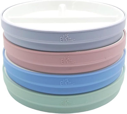 Elk and Friends Kids 7.8” Porcelain Divided Plates with Silicone Sleeves | Suitable for Babies/Kids/Toddlers | Microwave & Dishwasher Safe | Non Slip | Snack Dishes