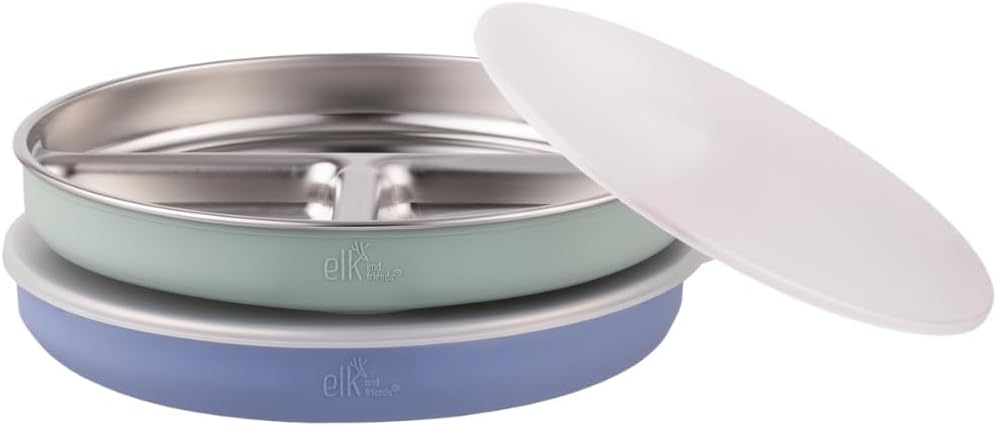 Elk and Friends Stainless Steel Divided Plates with Silicone Sleeve for Babies & Toddlers | Lids Included | Stay Put Suction | Dinner & Snack Plates | 4 Pack