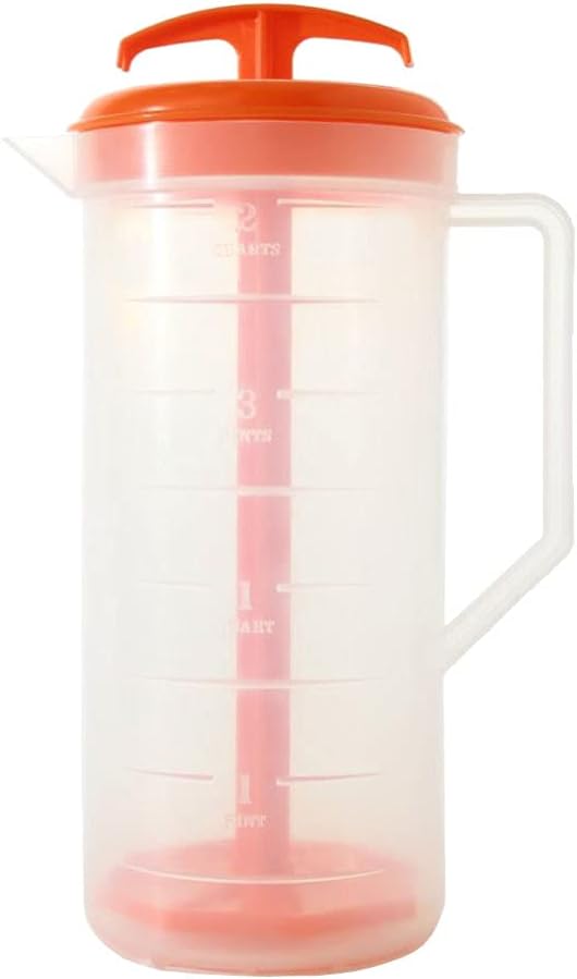 JBK Pottery 2-Quart White Mixing Pitcher with Plunger – BPA-Free Plastic Mixing Jug for Juice, Milk, Tea, Shakes, and More – Dishwasher-Safe, Spill-Proof Lid, Smart Stirring Design