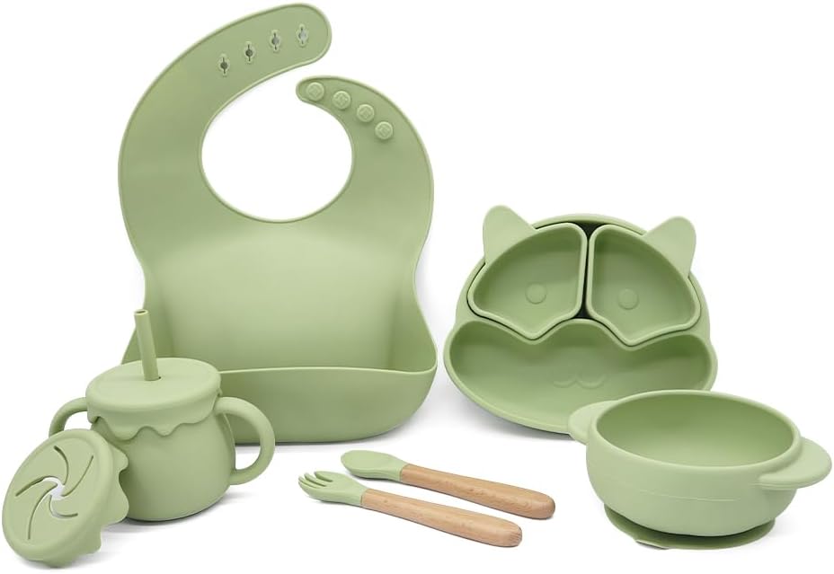 Baby Feeding Essentials, Baby Led Weaning Supplies, Silicone Baby Feeding Set, with Baby Spoon, Fork, Baby Bib, Sippy Cup, Suction Plate, Suction Bowl, Baby Eating Essentials, 6+ Months (Beige)