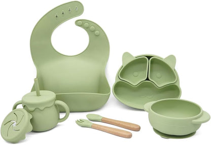 Baby Feeding Essentials, Baby Led Weaning Supplies, Silicone Baby Feeding Set, with Baby Spoon, Fork, Baby Bib, Sippy Cup, Suction Plate, Suction Bowl, Baby Eating Essentials, 6+ Months (Beige)