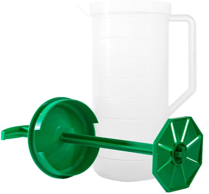 JBK Pottery 2-Quart White Mixing Pitcher with Plunger – BPA-Free Plastic Mixing Jug for Juice, Milk, Tea, Shakes, and More – Dishwasher-Safe, Spill-Proof Lid, Smart Stirring Design