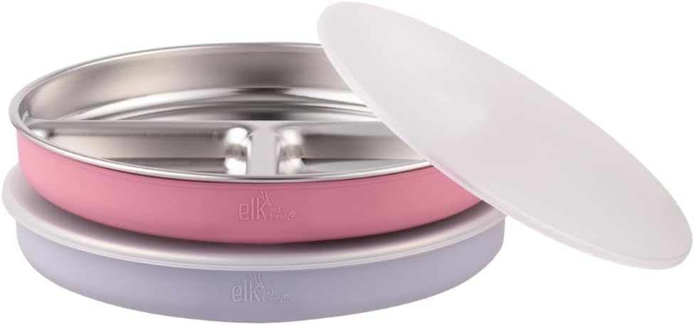 Elk and Friends Stainless Steel Divided Plates with Silicone Sleeve for Babies & Toddlers | Lids Included | Stay Put Suction | Dinner & Snack Plates | 4 Pack