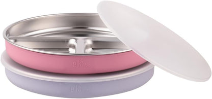Elk and Friends Stainless Steel Divided Plates with Silicone Sleeve for Babies & Toddlers | Lids Included | Stay Put Suction | Dinner & Snack Plates | 4 Pack