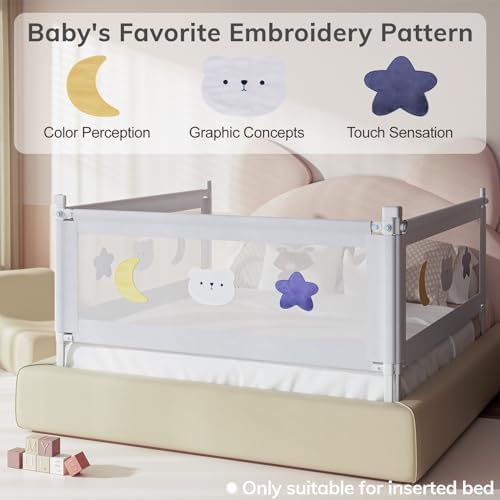 omzer 3-Piece King Size Bed Rail for Toddlers - Toddler Bed Rails with Double Child Lock, Bed Rail for Baby Kids with Pattern, Height Adjustment Guardrail for King Size Bed, 78.7x78.7x74.8”