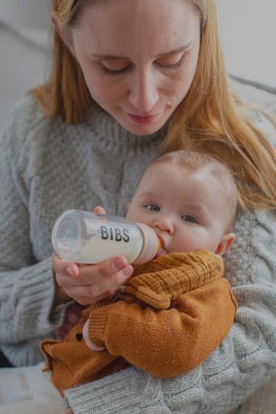 BIBS Baby Glass Bottle. Anti-Colic. Round Natural Rubber Latex Nipple. Supports Natural Breastfeeding, Complete Set - 110 ml, Cloud
