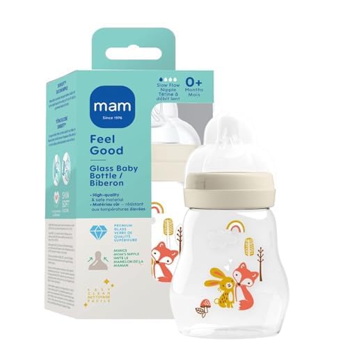 MAM 9oz Feel Good Pure Glass Anti-Colic Wide Neck Baby Bottle, Medium Flow Skin Soft Silicone Nipple, Easy to Clean, BPA Free, 2+ Months, Easy Switch Between Breast & Bottle, Made in Europe, 3 Pack