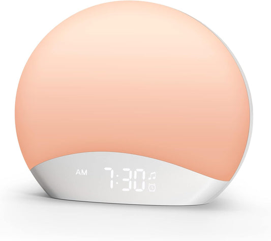 REACHER Wood Grain Sunrise Alarm Clock and Sound Machine Nightlight, Digital Dimmable Clock for Bedroom, 26 Sleep Sounds, White Noise Machine for Baby, Adults, Wake Up Light Alarm Clock for Kids