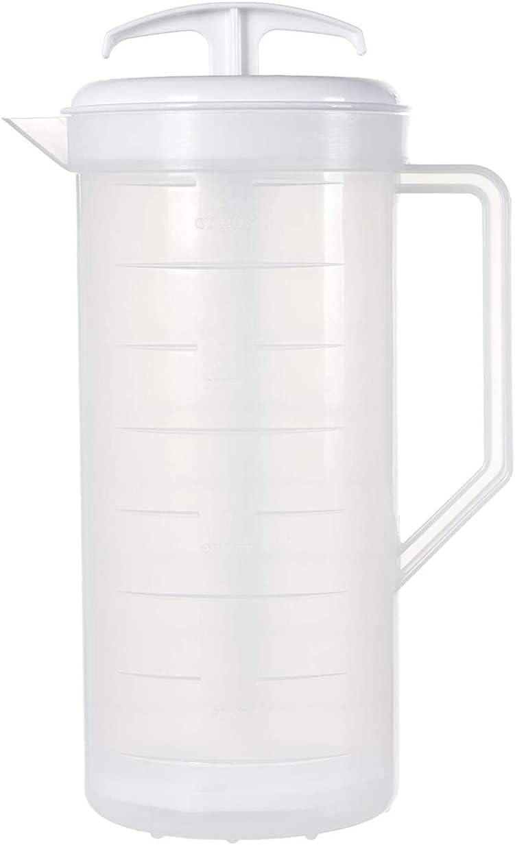 JBK Pottery 2-Quart White Mixing Pitcher with Plunger – BPA-Free Plastic Mixing Jug for Juice, Milk, Tea, Shakes, and More – Dishwasher-Safe, Spill-Proof Lid, Smart Stirring Design