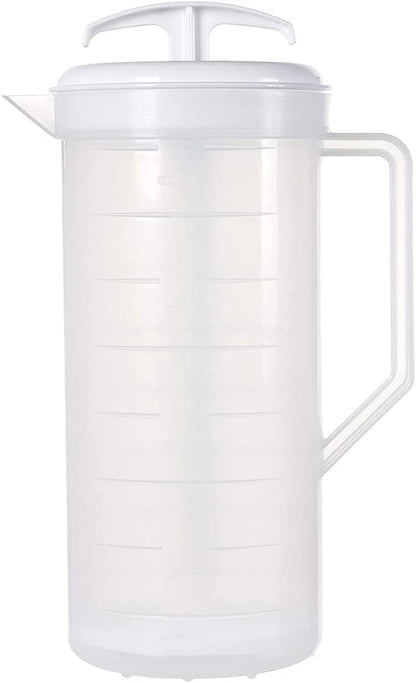 JBK Pottery 2-Quart White Mixing Pitcher with Plunger – BPA-Free Plastic Mixing Jug for Juice, Milk, Tea, Shakes, and More – Dishwasher-Safe, Spill-Proof Lid, Smart Stirring Design