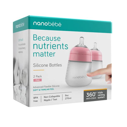 Nanobebe Flexy Silicone Baby Bottle, Anti-Colic, Natural Feel, Non-Collapsing Nipple, Non-Tip Stable Base, Easy to Clean 4-Pack, Pink/White, 5 oz