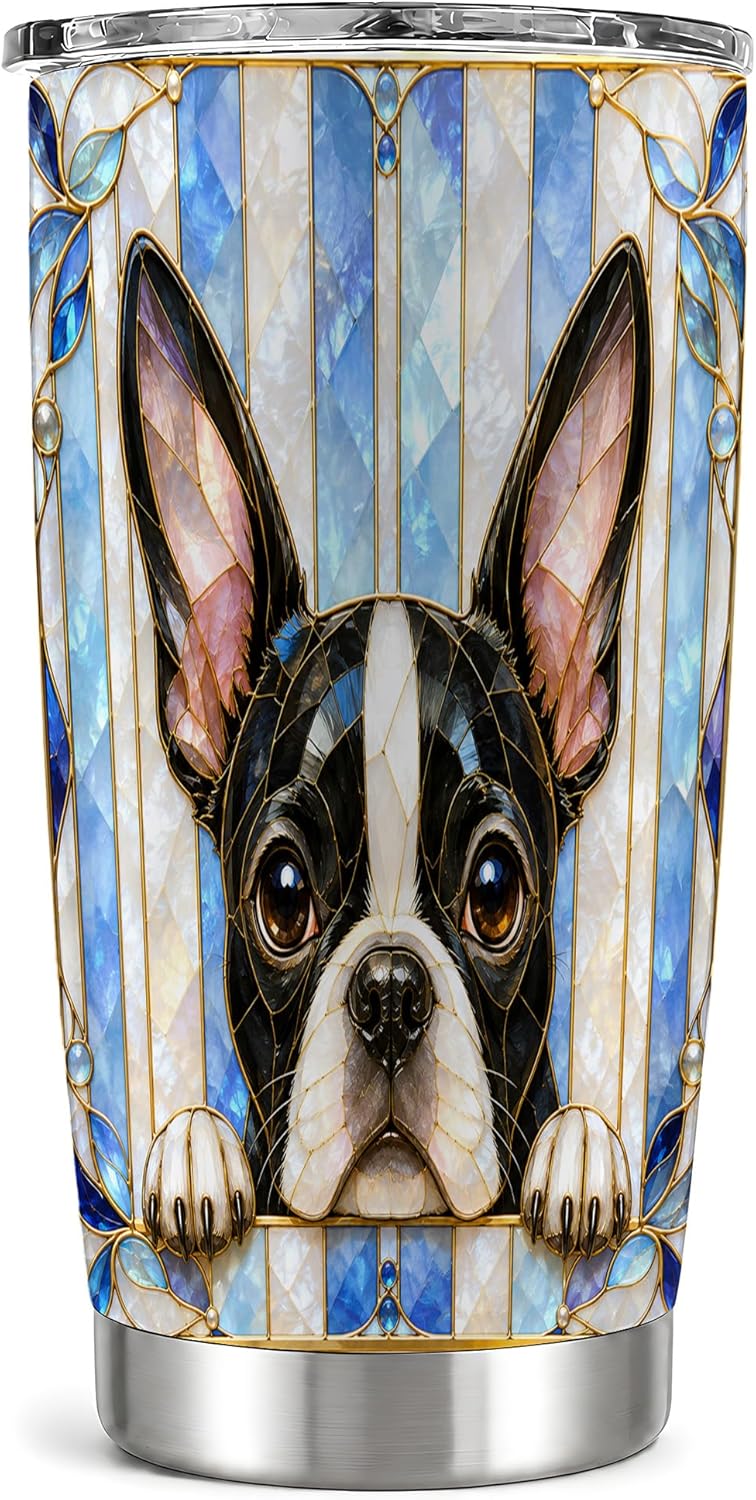 Boston Terrier Tumbler 20 oz, Blue Stained Glass Travel Cup for Coffee Commute, Cute Black White Puppy Artwork with Mosaic Stripe Detail, Pet Lover Drinkware
