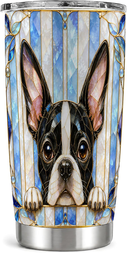 Boston Terrier Tumbler 20 oz, Blue Stained Glass Travel Cup for Coffee Commute, Cute Black White Puppy Artwork with Mosaic Stripe Detail, Pet Lover Drinkware