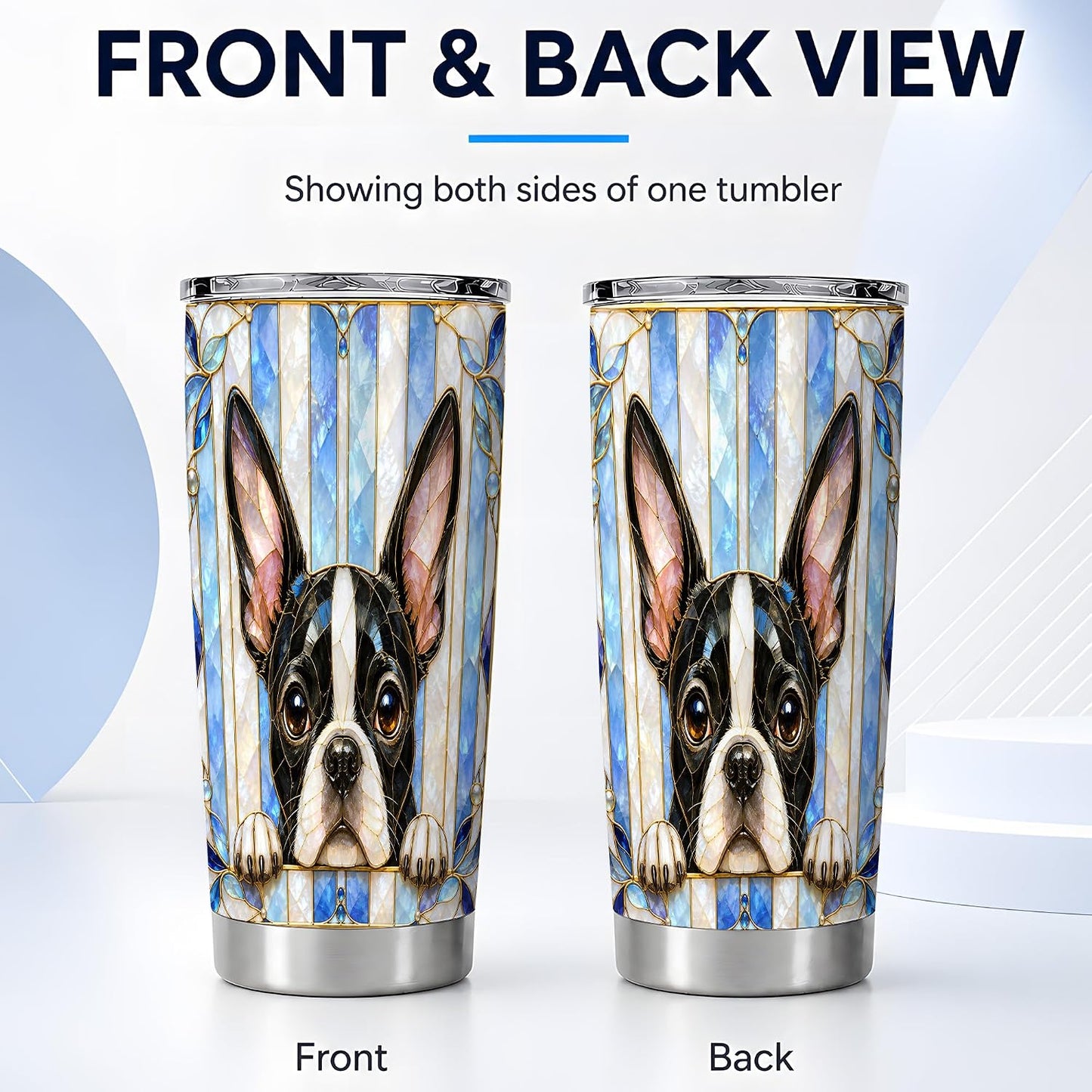 Boston Terrier Tumbler 20 oz, Blue Stained Glass Travel Cup for Coffee Commute, Cute Black White Puppy Artwork with Mosaic Stripe Detail, Pet Lover Drinkware