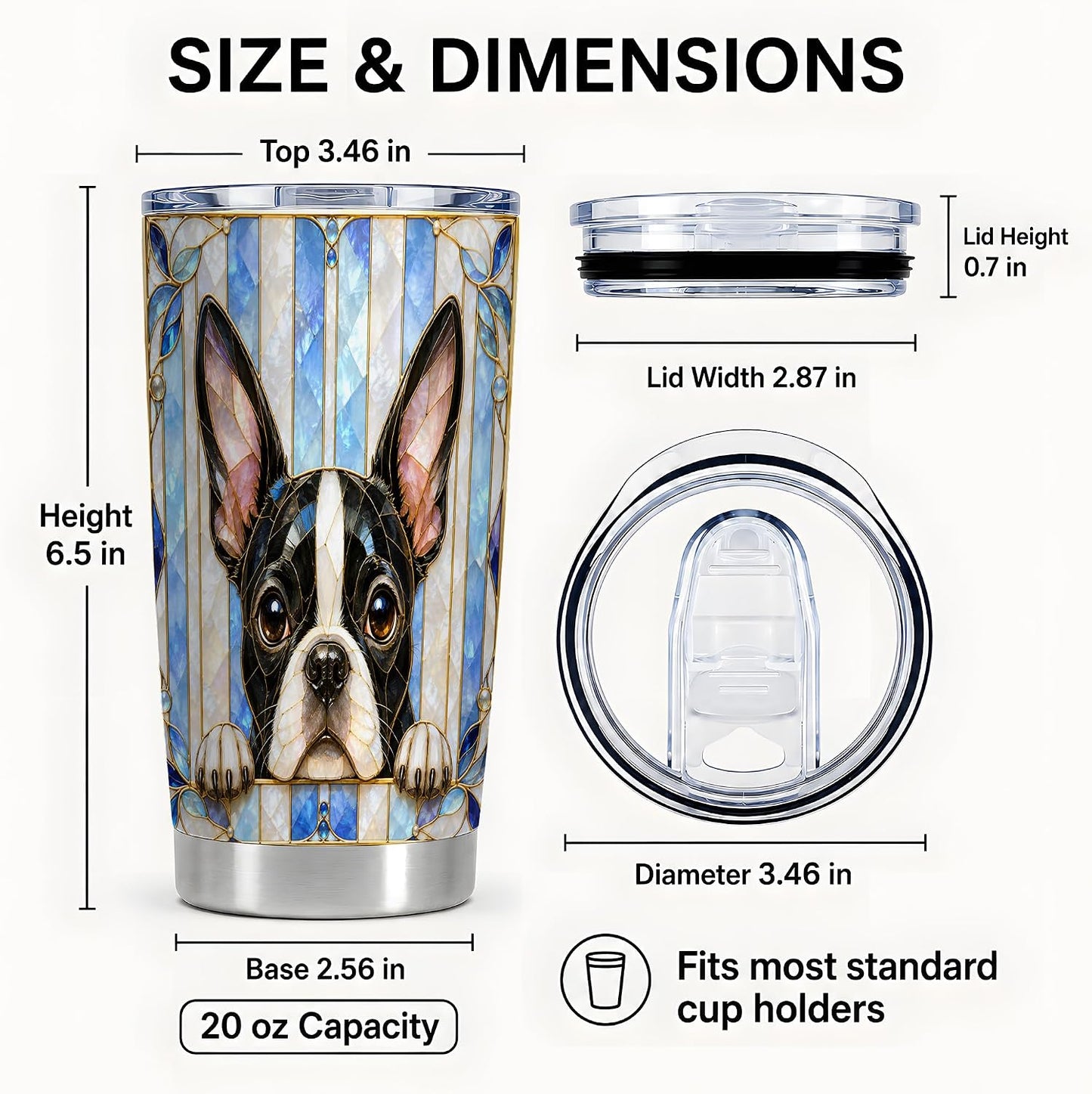 Boston Terrier Tumbler 20 oz, Blue Stained Glass Travel Cup for Coffee Commute, Cute Black White Puppy Artwork with Mosaic Stripe Detail, Pet Lover Drinkware