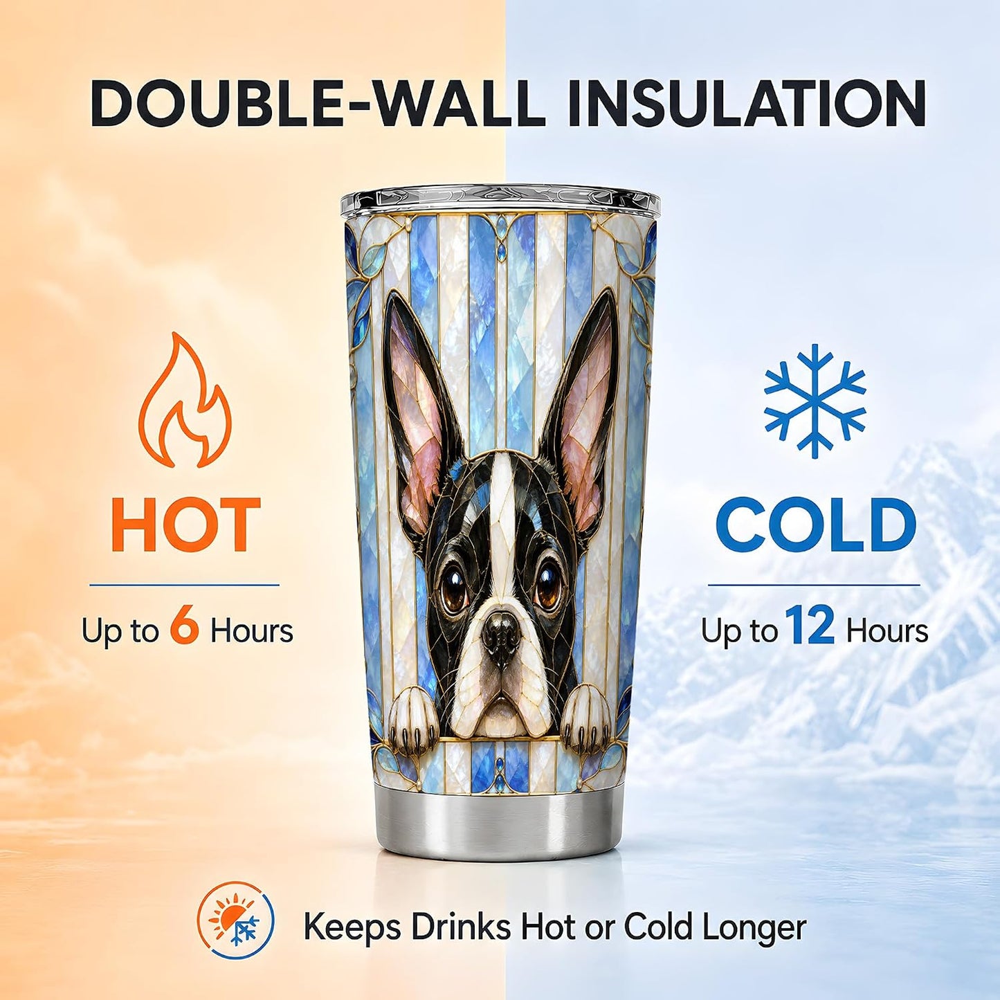 Boston Terrier Tumbler 20 oz, Blue Stained Glass Travel Cup for Coffee Commute, Cute Black White Puppy Artwork with Mosaic Stripe Detail, Pet Lover Drinkware