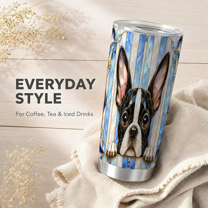 Boston Terrier Tumbler 20 oz, Blue Stained Glass Travel Cup for Coffee Commute, Cute Black White Puppy Artwork with Mosaic Stripe Detail, Pet Lover Drinkware