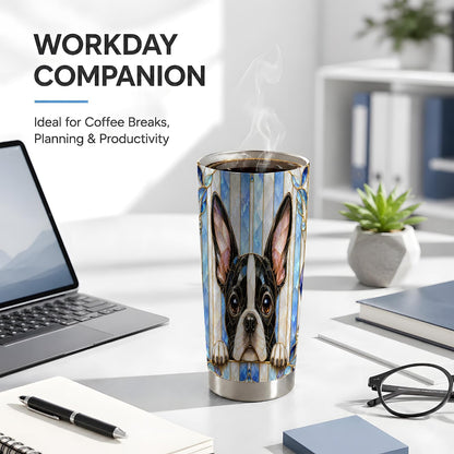 Boston Terrier Tumbler 20 oz, Blue Stained Glass Travel Cup for Coffee Commute, Cute Black White Puppy Artwork with Mosaic Stripe Detail, Pet Lover Drinkware