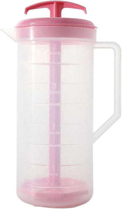 JBK Pottery 2-Quart White Mixing Pitcher with Plunger – BPA-Free Plastic Mixing Jug for Juice, Milk, Tea, Shakes, and More – Dishwasher-Safe, Spill-Proof Lid, Smart Stirring Design