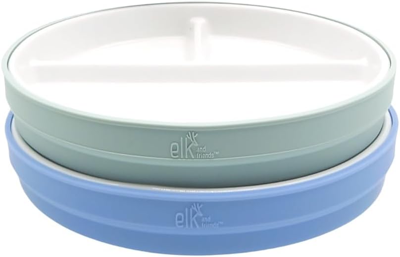 Elk and Friends Kids 7.8” Porcelain Divided Plates with Silicone Sleeves | Suitable for Babies/Kids/Toddlers | Microwave & Dishwasher Safe | Non Slip | Snack Dishes