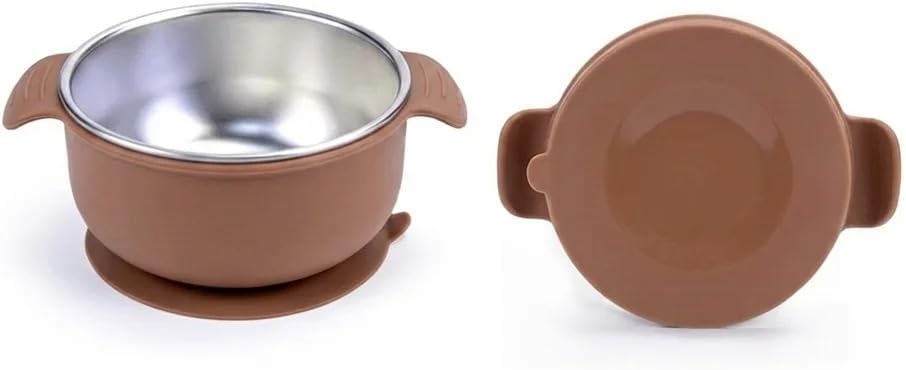 Stainless Steel Baby Suction Bowls with Handles 2 Pack, Non-Slip Children Food Bowl with Silicone Sleeve for Kids Toddlers Infants, Unbreakable & Non Toxic (Sage Green & Mocha Mousse)