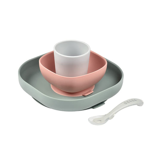 BEABA 100% Silicone 4-Piece Baby Feeding Set, Suction Plates for Baby, Made w/High Grade Food Safe Silicone, Rose