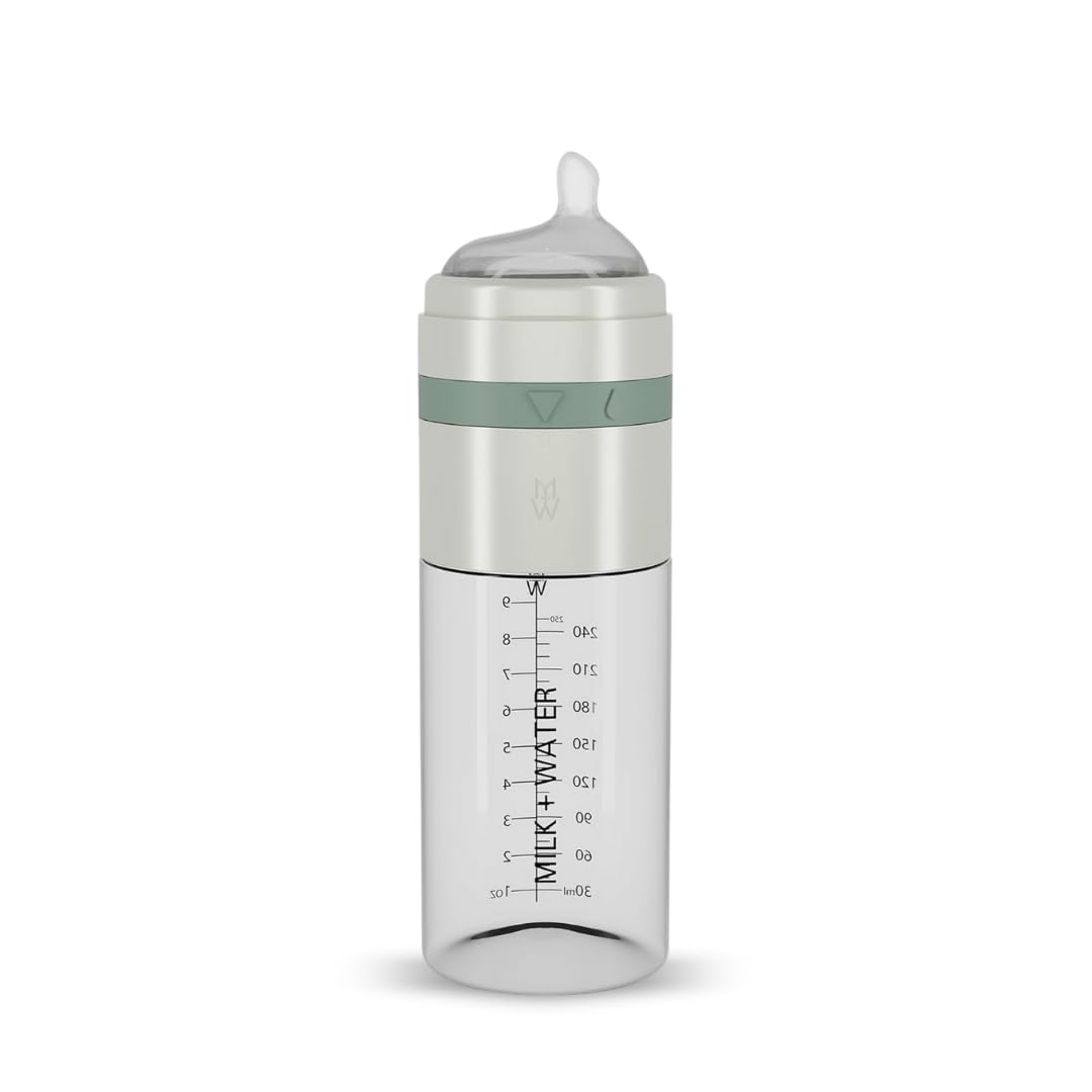 MILK & WATER Glass All in One Baby Bottle & Baby Formula Dispenser On The Go (Olive Green, 9oz Medium Flow 3m+)
