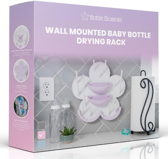 The Bottle Blossom- Wall Mounted Baby Bottle Drying Rack for Bottles, Cups, Sippy Cups, Vertical Wall Hanging, Space Saving, Large Capacity Baby Essential, 2 Adhesive Hooks Included (Light Blue)