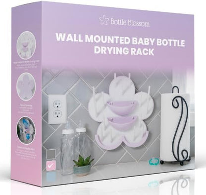The Bottle Blossom- Wall Mounted Baby Bottle Drying Rack for Bottles, Cups, Sippy Cups, Vertical Wall Hanging, Space Saving, Large Capacity Baby Essential, 2 Adhesive Hooks Included (Light Blue)