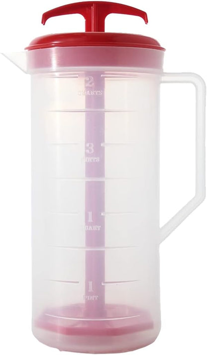 JBK Pottery 2-Quart White Mixing Pitcher with Plunger – BPA-Free Plastic Mixing Jug for Juice, Milk, Tea, Shakes, and More – Dishwasher-Safe, Spill-Proof Lid, Smart Stirring Design