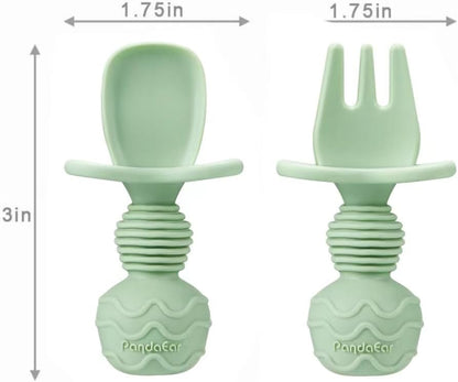PandaEar Silicone Baby Feeding Set| 2 Pack Silicone Divided Suction Plate and 2 Pack Tiny Cup with 2 Spoons 2 Forks| Baby Led Weaning Supplies Self Feeding Eating Utensils (Light Tan/Walnut)