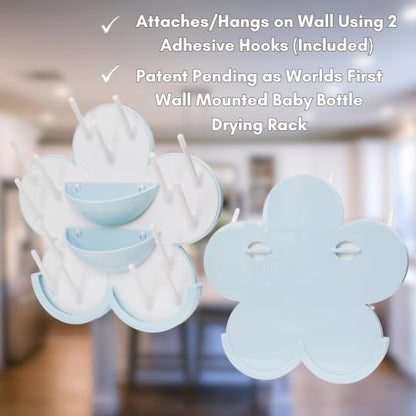 The Bottle Blossom- Wall Mounted Baby Bottle Drying Rack for Bottles, Cups, Sippy Cups, Vertical Wall Hanging, Space Saving, Large Capacity Baby Essential, 2 Adhesive Hooks Included (Light Blue)
