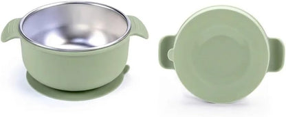 Stainless Steel Baby Suction Bowls with Handles 2 Pack, Non-Slip Children Food Bowl with Silicone Sleeve for Kids Toddlers Infants, Unbreakable & Non Toxic (Sage Green & Mocha Mousse)