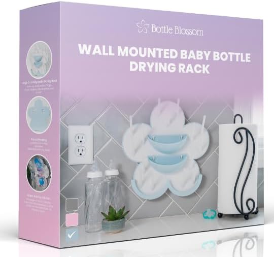 The Bottle Blossom- Wall Mounted Baby Bottle Drying Rack for Bottles, Cups, Sippy Cups, Vertical Wall Hanging, Space Saving, Large Capacity Baby Essential, 2 Adhesive Hooks Included (Light Blue)
