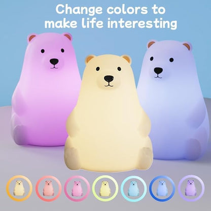 Polar Bear Silicone Night Light for Kids Nursery Bedroom - Tap Control, 3 Adjustable Brightness, USB Rechargeable, Child-Safe Soft Glow LED Lamp, Baby Gift Idea