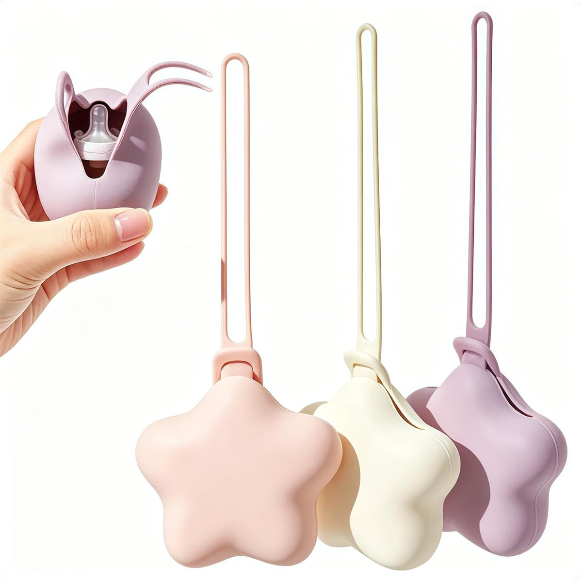 3 Pack Silicone Pacifier Holder Case, Safe and Soft Material, Pacifier Pouch Portable Pacifier Case with Stretchy Lanyard, Protective Pacifier Storage Case for Diaper Bag Stroller Travel