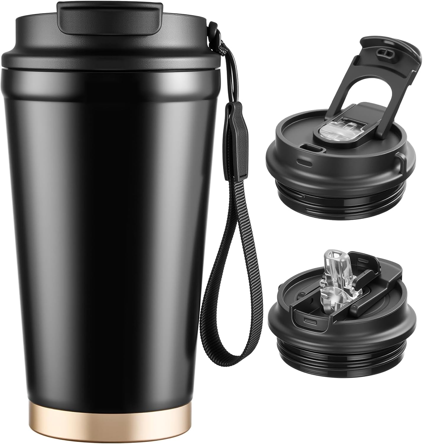 Travel Coffee Mug, Leakproof Lid, Stainless Steel, 13.5 oz, Black | Vacuum-insulated steel keeps drinks hot for 6 hours or cold for 8; 2-in-1 lid has a straw and direct spout, plus a strap.