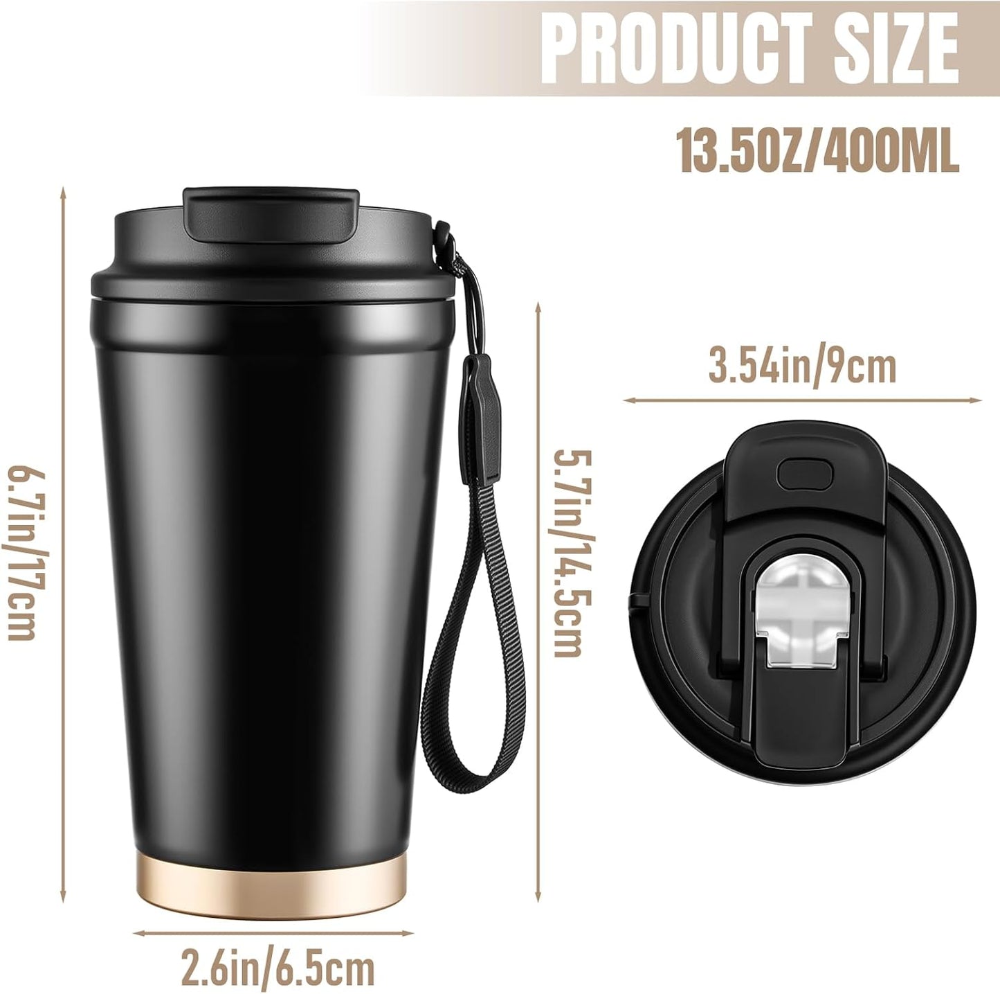 Travel Coffee Mug, Leakproof Lid, Stainless Steel, 13.5 oz, Black | Vacuum-insulated steel keeps drinks hot for 6 hours or cold for 8; 2-in-1 lid has a straw and direct spout, plus a strap.