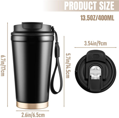 Travel Coffee Mug, Leakproof Lid, Stainless Steel, 13.5 oz, Black | Vacuum-insulated steel keeps drinks hot for 6 hours or cold for 8; 2-in-1 lid has a straw and direct spout, plus a strap.