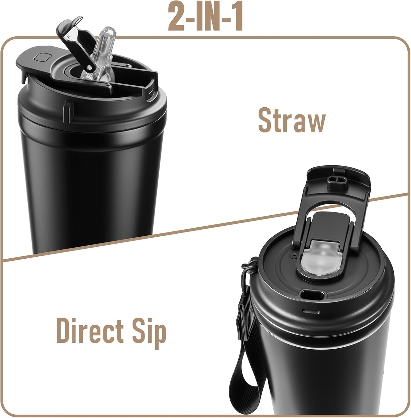 Travel Coffee Mug, Leakproof Lid, Stainless Steel, 13.5 oz, Black | Vacuum-insulated steel keeps drinks hot for 6 hours or cold for 8; 2-in-1 lid has a straw and direct spout, plus a strap.