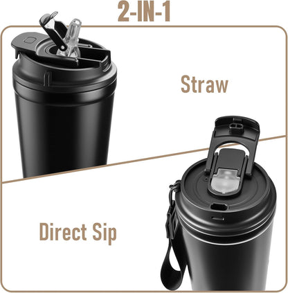 Travel Coffee Mug, Leakproof Lid, Stainless Steel, 13.5 oz, Black | Vacuum-insulated steel keeps drinks hot for 6 hours or cold for 8; 2-in-1 lid has a straw and direct spout, plus a strap.