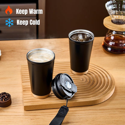 Travel Coffee Mug, Leakproof Lid, Stainless Steel, 13.5 oz, Black | Vacuum-insulated steel keeps drinks hot for 6 hours or cold for 8; 2-in-1 lid has a straw and direct spout, plus a strap.