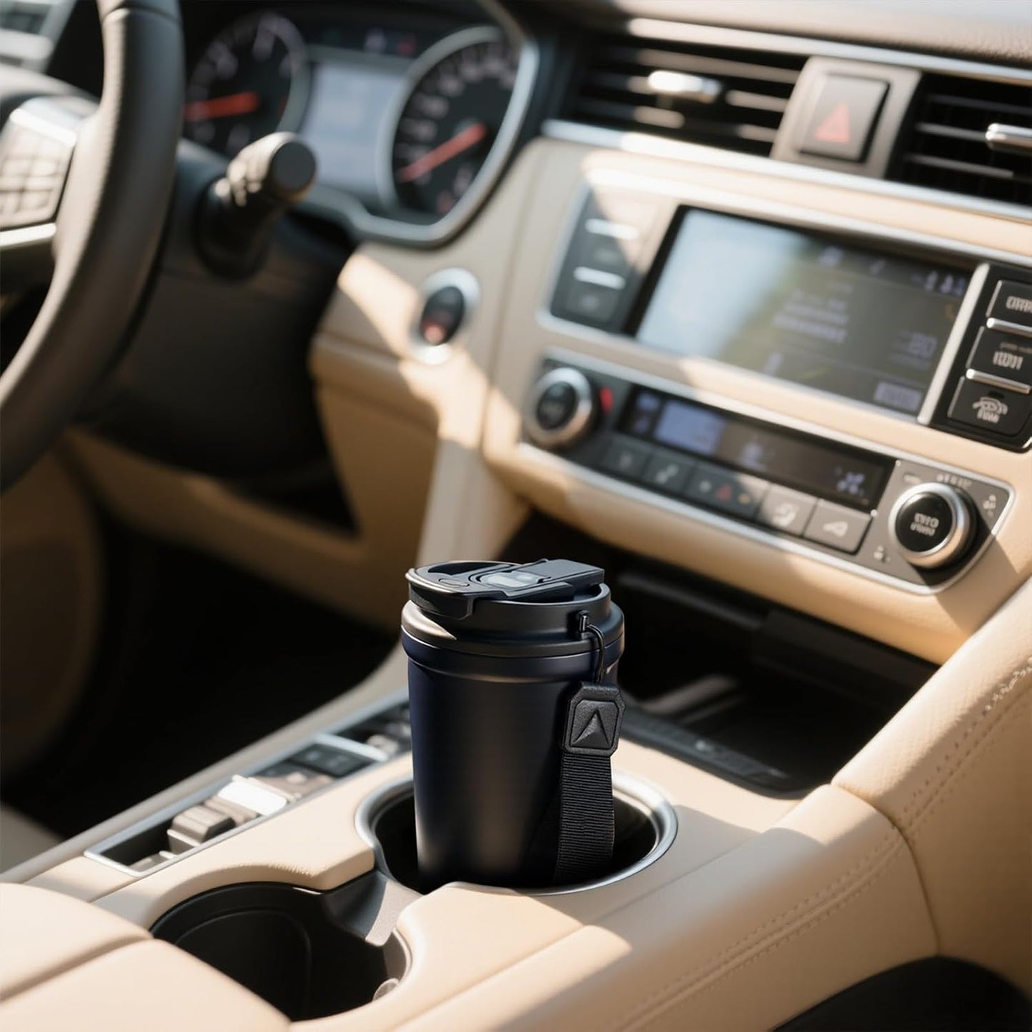 Travel Coffee Mug, Leakproof Lid, Stainless Steel, 13.5 oz, Black | Vacuum-insulated steel keeps drinks hot for 6 hours or cold for 8; 2-in-1 lid has a straw and direct spout, plus a strap.