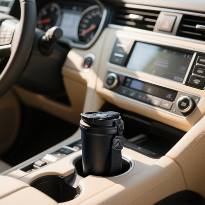 Travel Coffee Mug, Leakproof Lid, Stainless Steel, 13.5 oz, Black | Vacuum-insulated steel keeps drinks hot for 6 hours or cold for 8; 2-in-1 lid has a straw and direct spout, plus a strap.
