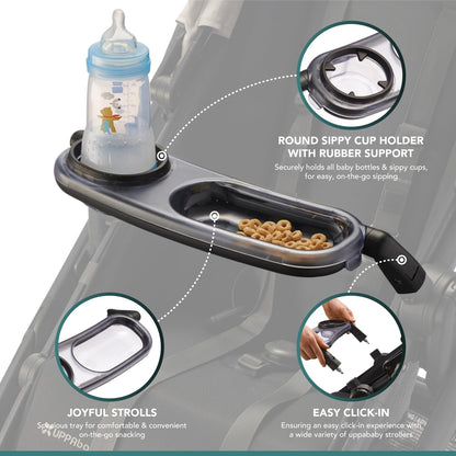 Snack Tray Fits for UPPAbaby Vista V3/Vista V2/Vista/Cruz/Cruz V2/ RumbleSeat/RumbleSeat V2, Updated Snack Tray with Two Snack Compartments & Cup Holder, Quick Attachment, Stroller Accessories