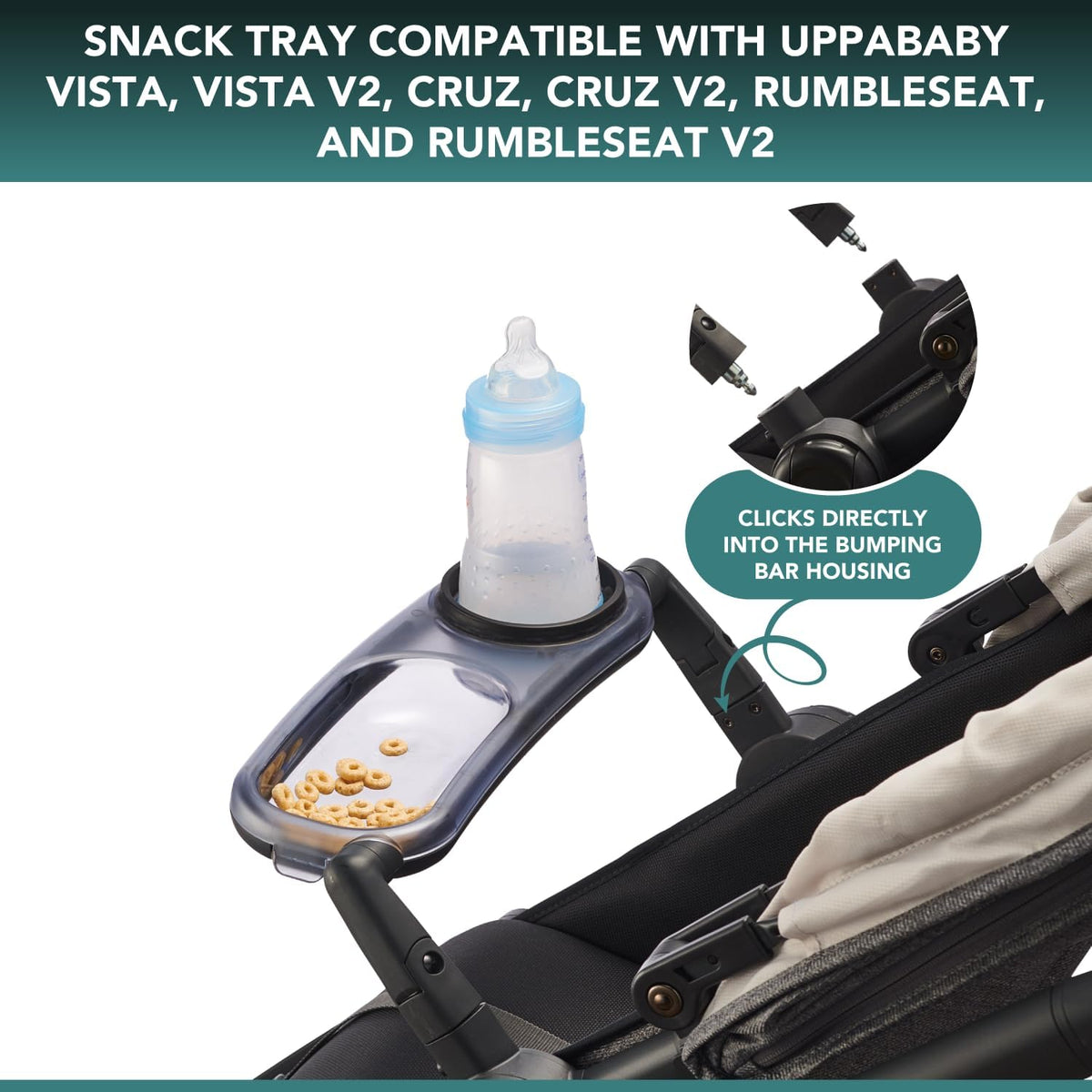 Snack Tray Fits for UPPAbaby Vista V3/Vista V2/Vista/Cruz/Cruz V2/ RumbleSeat/RumbleSeat V2, Updated Snack Tray with Two Snack Compartments & Cup Holder, Quick Attachment, Stroller Accessories
