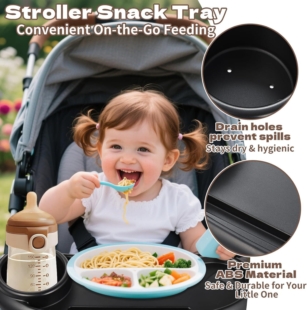 Snack Tray Compatible with Nuna, Universal Stroller Snack Tray with Cup Holder and Phone Holder, Essential Stroller Accessories for Family Travel Snacking