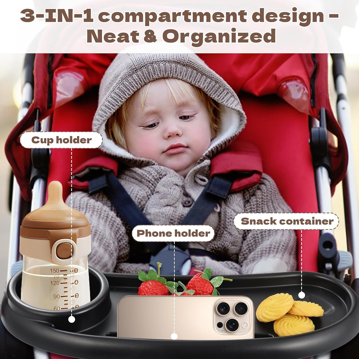 Snack Tray Compatible with Nuna, Universal Stroller Snack Tray with Cup Holder and Phone Holder, Essential Stroller Accessories for Family Travel Snacking