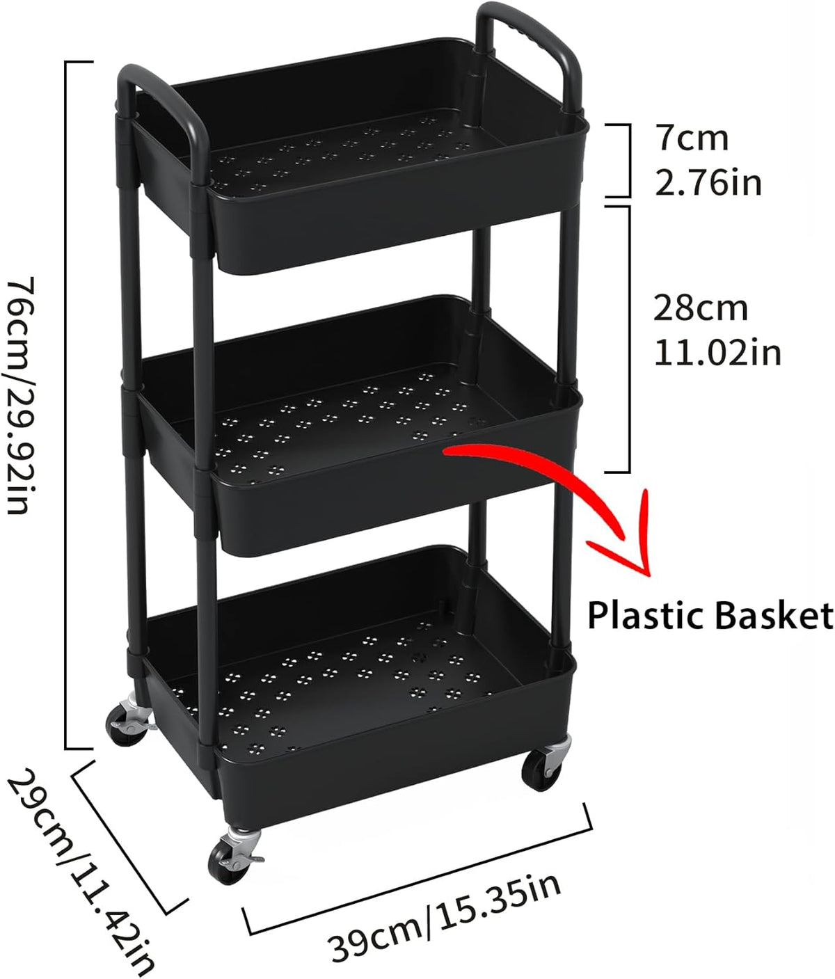 Sywhitta 3-Tier Plastic Rolling Utility Cart with Wheels for Storage,White